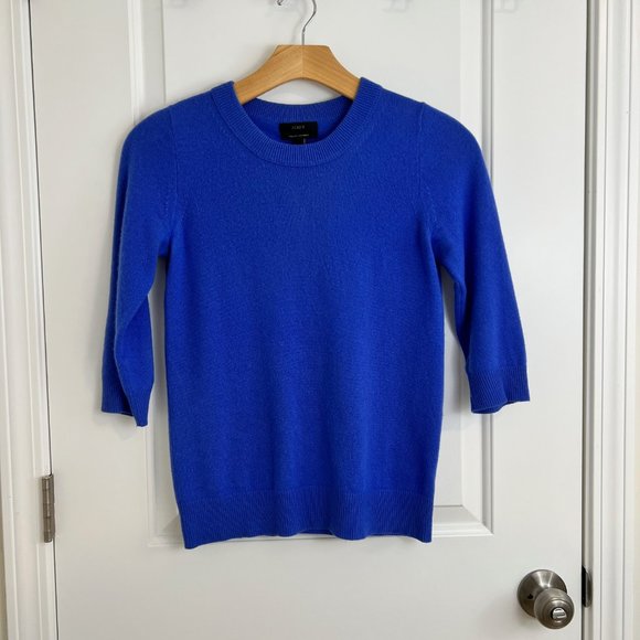 J. Crew 100% Italian Cashmere Crewneck Three Quarter Sleeve Sweater Blue XS - Picture 1 of 11